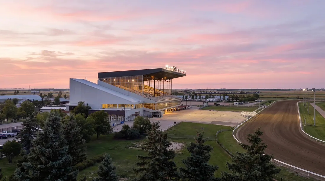 Assiniboia Downs grandstand at dusk
