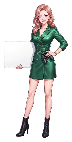 A woman with binoculars, holding a board: open year round