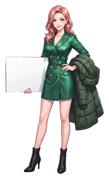 A woman with a parka over her arm, holding a board: road, air and rail