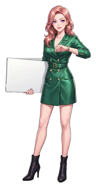 A woman checking her watch, holding a board: Friday and Saturday 10 AM to 5 AM