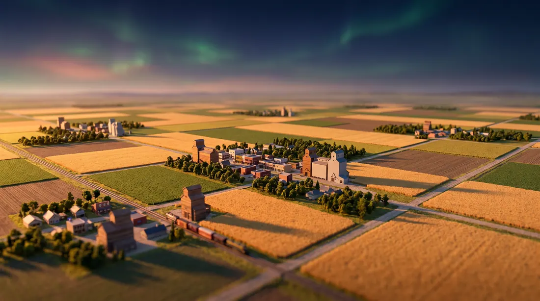 Miniature prairie grid of fields, roads and small towns