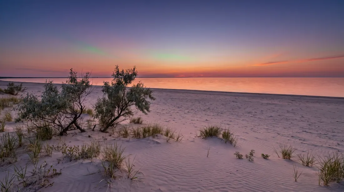 Sandy lakeshore with dune grass at golden hour