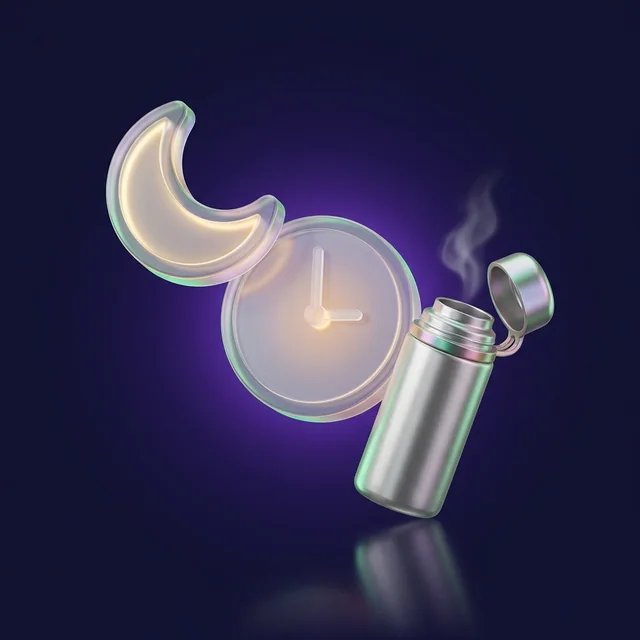 Glass icons of a moon, a clock and a thermos