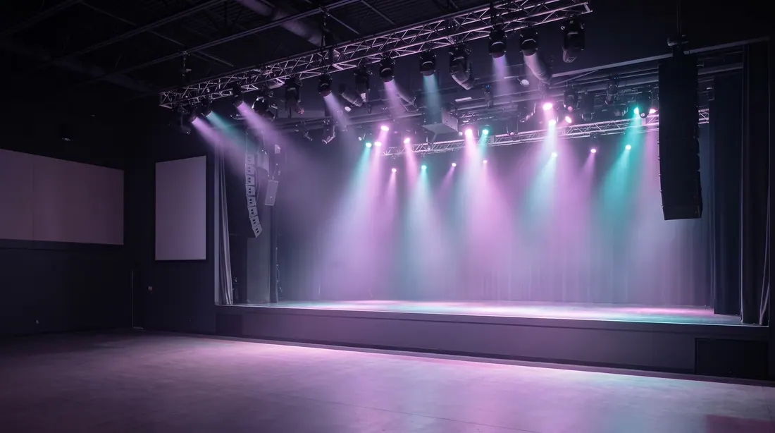 Empty Club Regent Event Centre stage under coloured lights