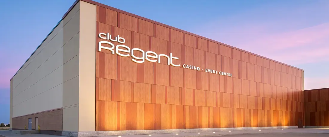 Club Regent Casino wall and sign at blue hour