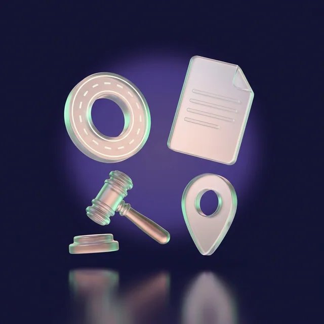 Glass icons of a ring road, a document and a gavel
